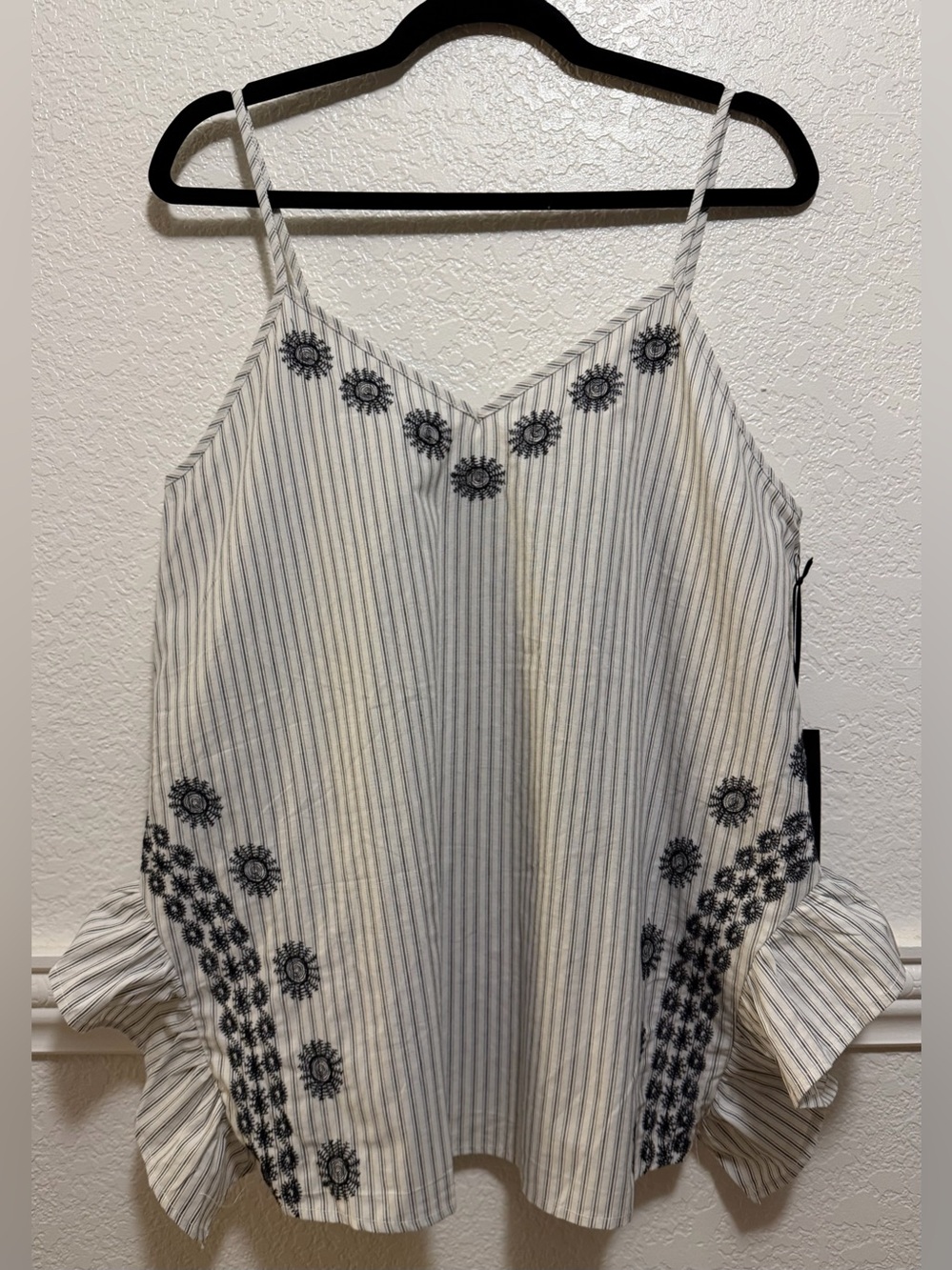 Doe & Rae Embroidered Striped Ruffle Side Boho Cami Tank Top - Picture 4 of 5